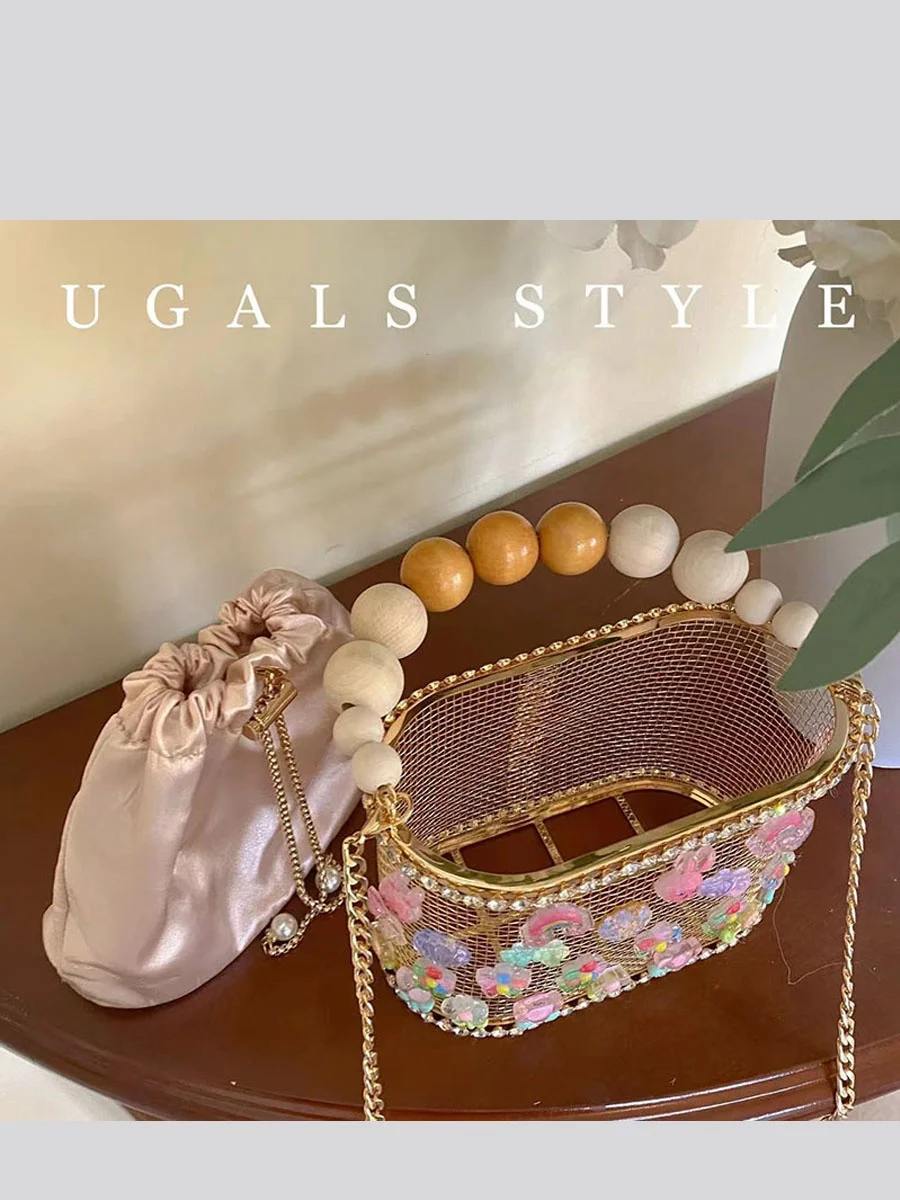 UGALS Original Metal Cute Candy Rainbow Party Bucket Bag Bird Cage Diamond Handbag Shoulder Bag for Young Women Summer 2024