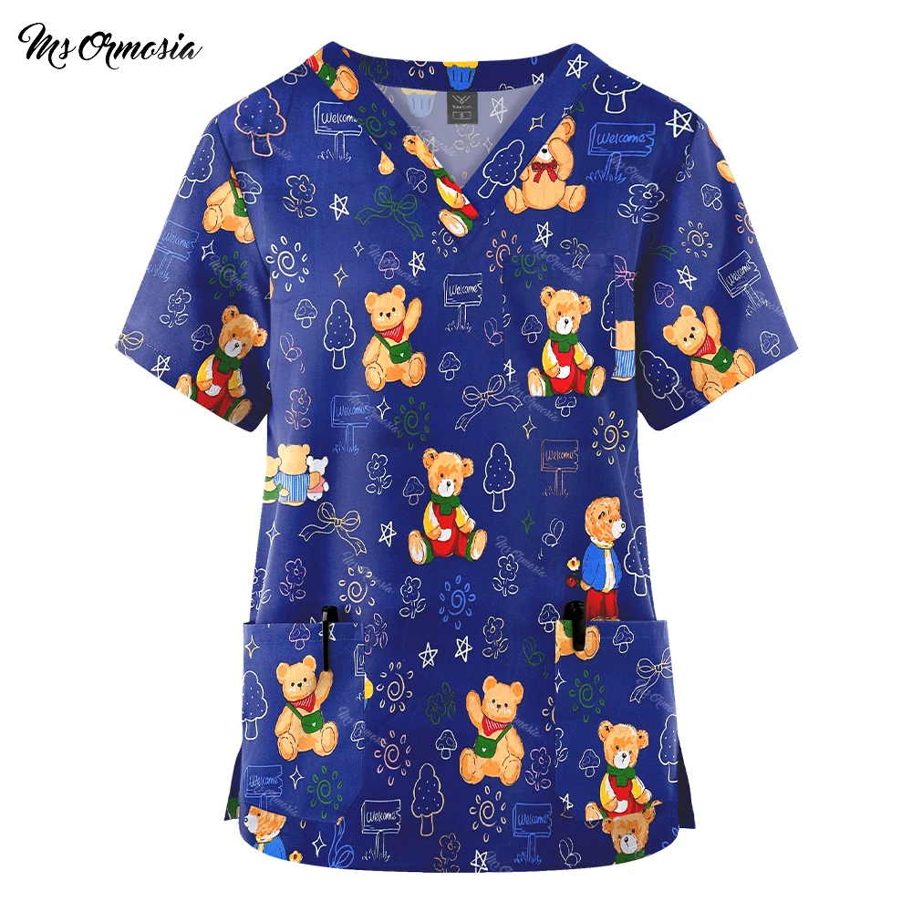 

Medical Uniforms Tops Cartoon Cat Dog 100% Cotton Printing Blouse Pet Clinical Work Clothes Women Men Surgical Uniforms T-shirt