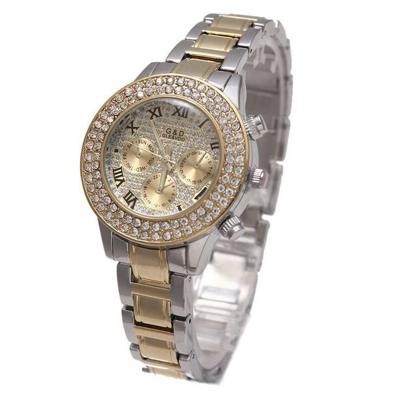 Ladies' watches gold luxury diamond plated three eyes full of European and American elegant luxury fashion quartz watches