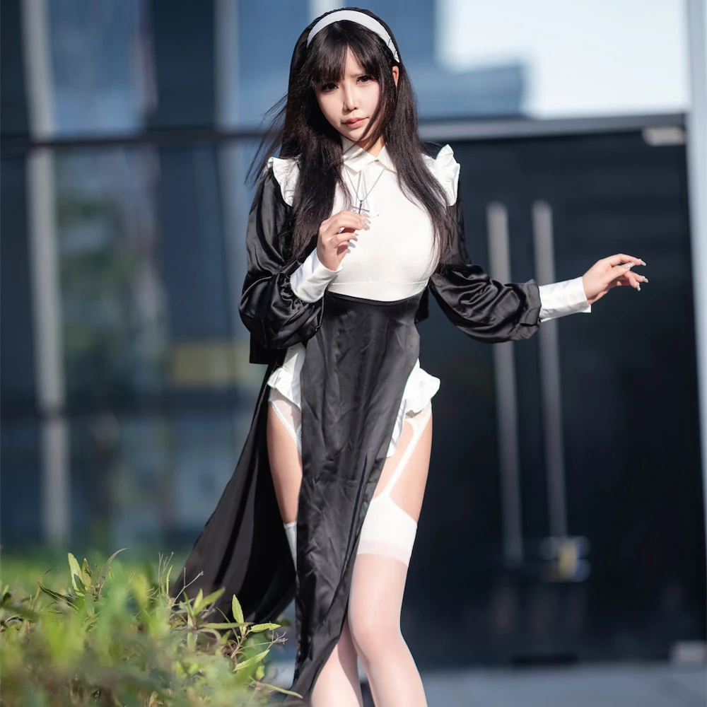 Sweet Black White Dress  Nun Sister Uniform Hot Anime Cosplay Full Set for Sexy Girls Sexy Dark Reign Cenobite Cosplay Costume