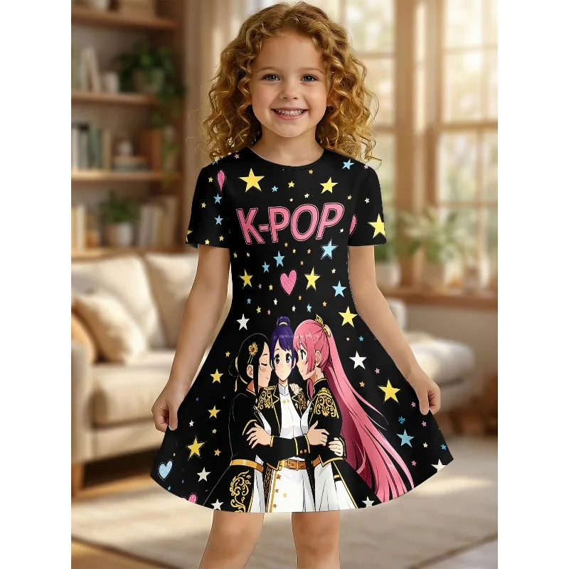 Girl K-POP Anime Idol Group Printed T-shirt Dress, Suitable for Fans and Children, Black Celebrity and Heart-shaped Casual Dress