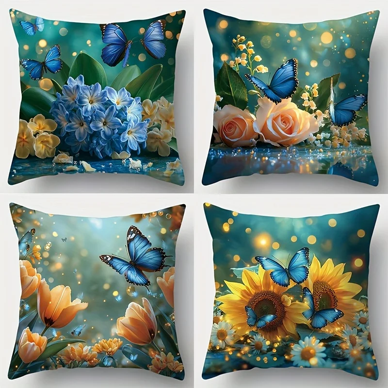 Beautiful Floral Butterfly Pillowcase 4pcs Cushion Cover Set Spring Decor Garden Print 40x40cm Romantic Home Accent Throw Pillow