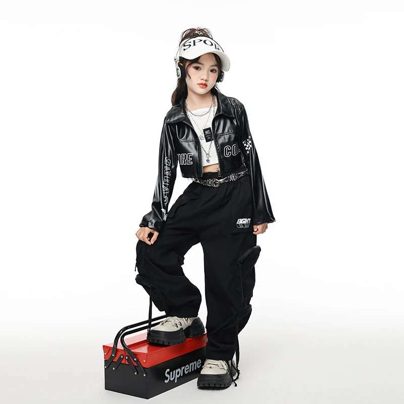 الأولاد الهيب هوب البلوز بولي Leather سترة جلدية السراويل البضائع الفتيات K-pop الشارع الرقص الملابس مجموعات أطفال الأطفال المراهقين أزياء الموضة