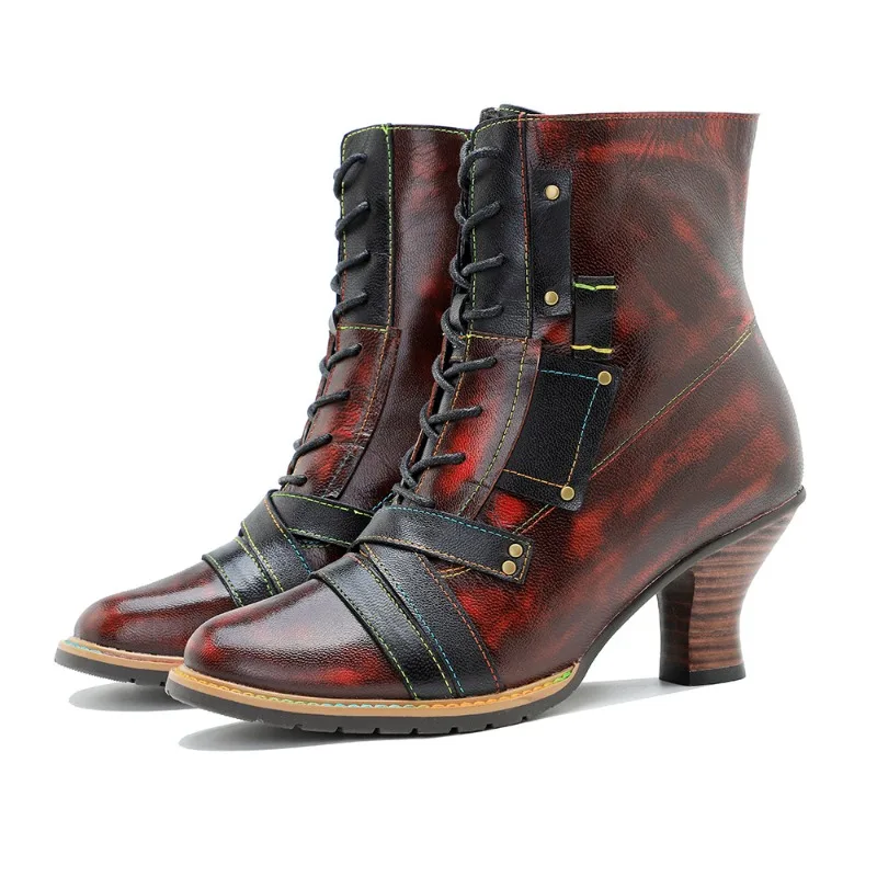 Women Boots Fashion Ankle Boots Metal decoration ZIP Genuine leather Manual color wiping British Style Women Shoes red