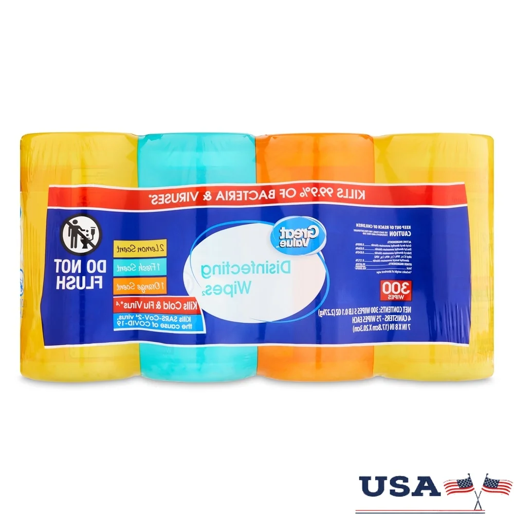 

Disinfecting Wipes 300 Count 4 Pack Lemon Fresh Orange Scent kills 99.9% bacteria Ideal Kitchen Bathroom Household Surfaces