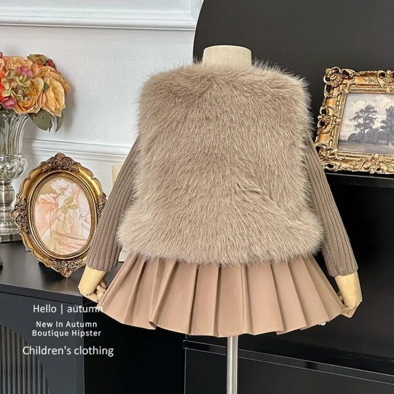 Girls Clothes Suit 2025 Autumn New Korean Style Fashionable Foreign children's Fur Vest Top Sweater and Skirt Three Pieces