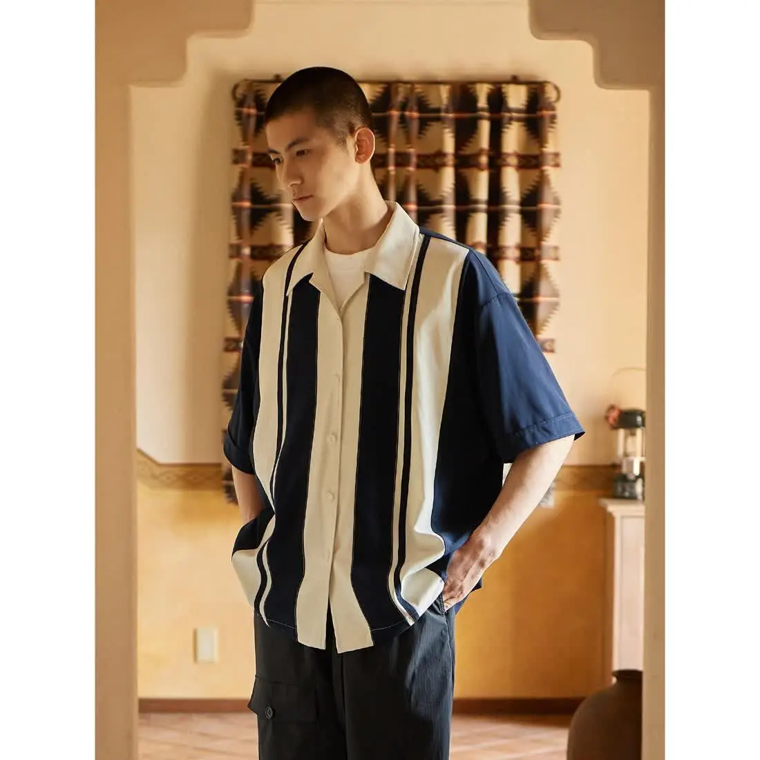 American trendy brand patchwork silhouette short-sleeved Hawaiian shirt for men in summer lazy striped contrasting loose casual