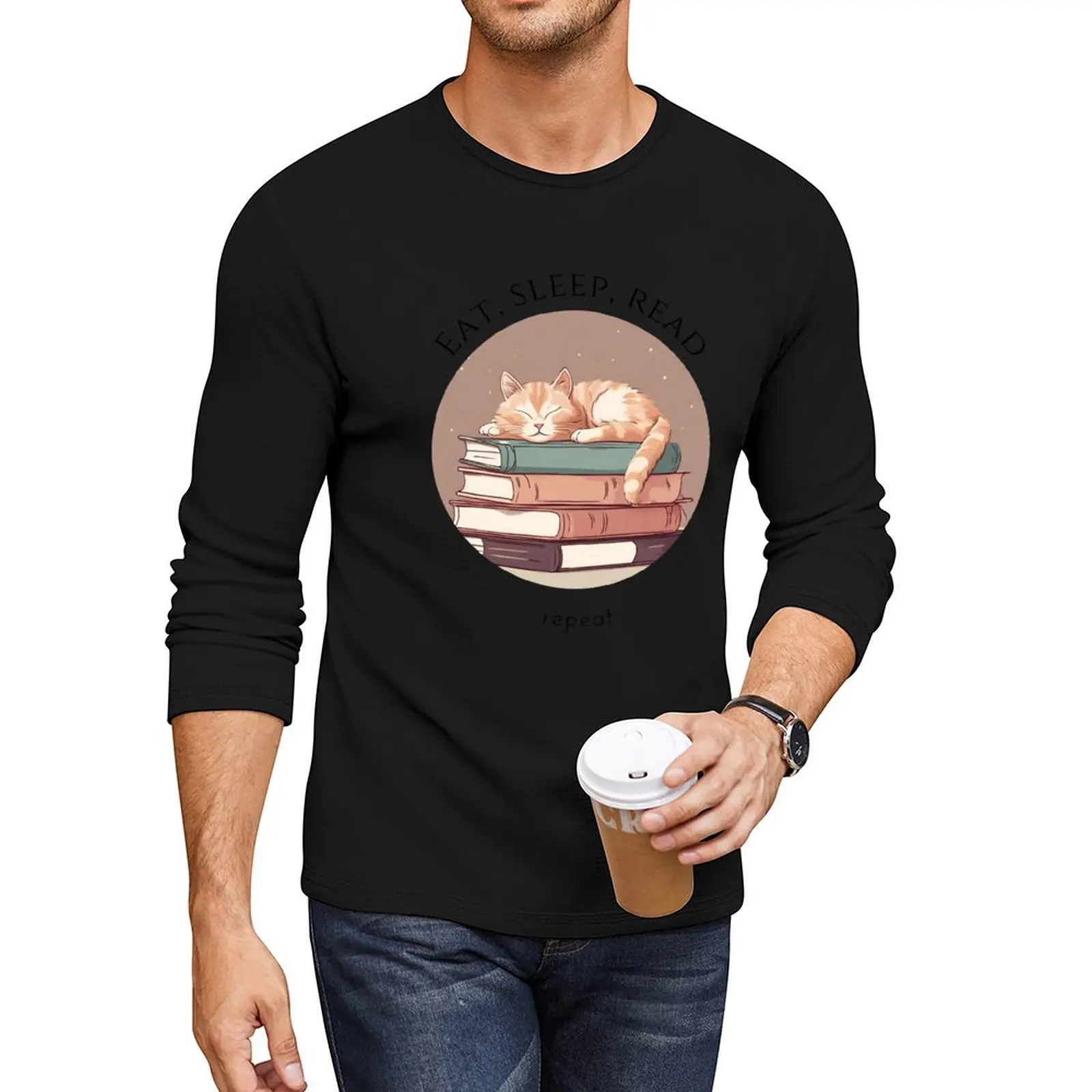 

Eat sleep read repeat books bookwarm booklover cute funny cat Long T-Shirt sweat shirt men t shirts