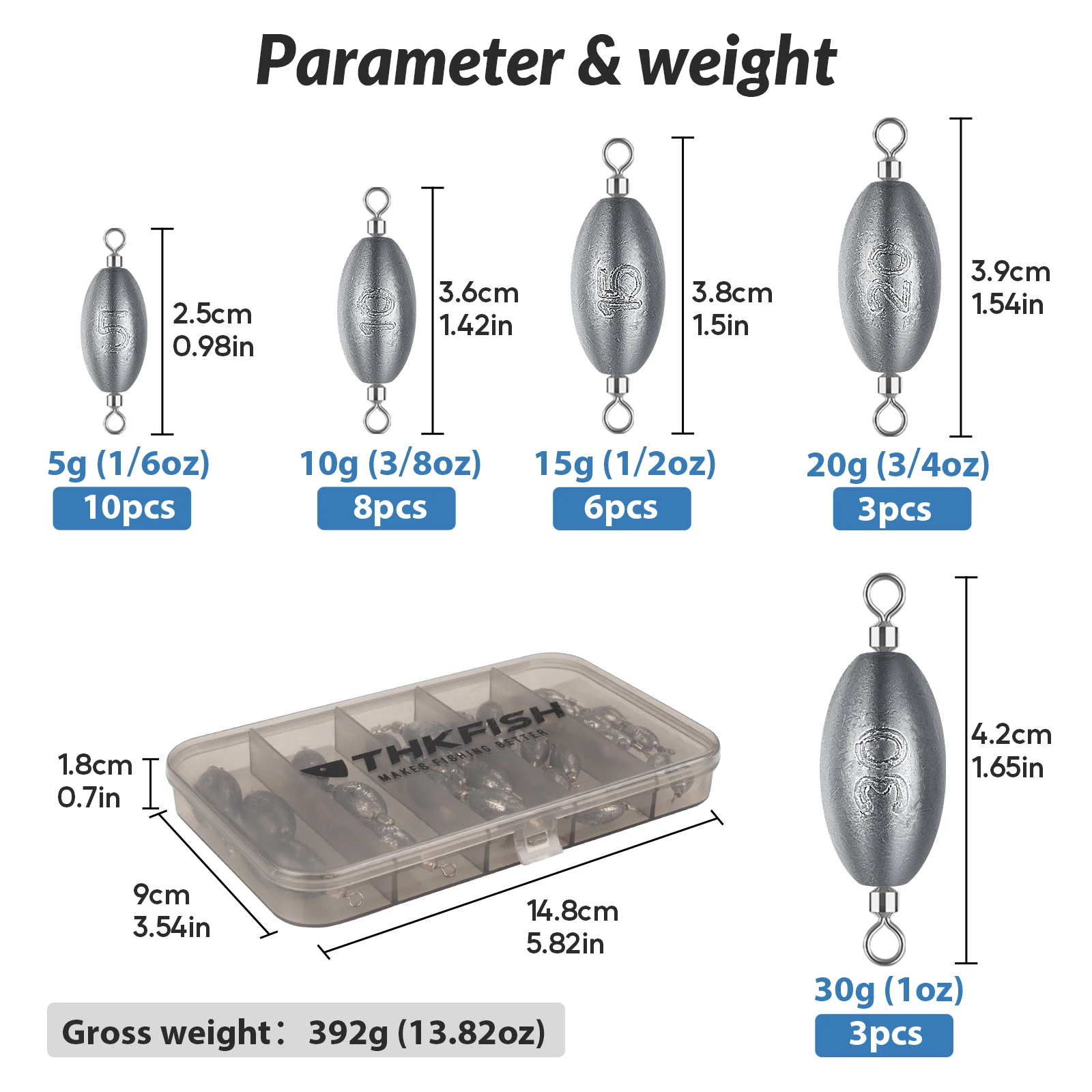 30pcs Fishing Weight Sinkers Set 360° Rotation Trolling Lead Dropshot 30g 20g 15g 10g 5g Sea Fishing Leads Weights Kit