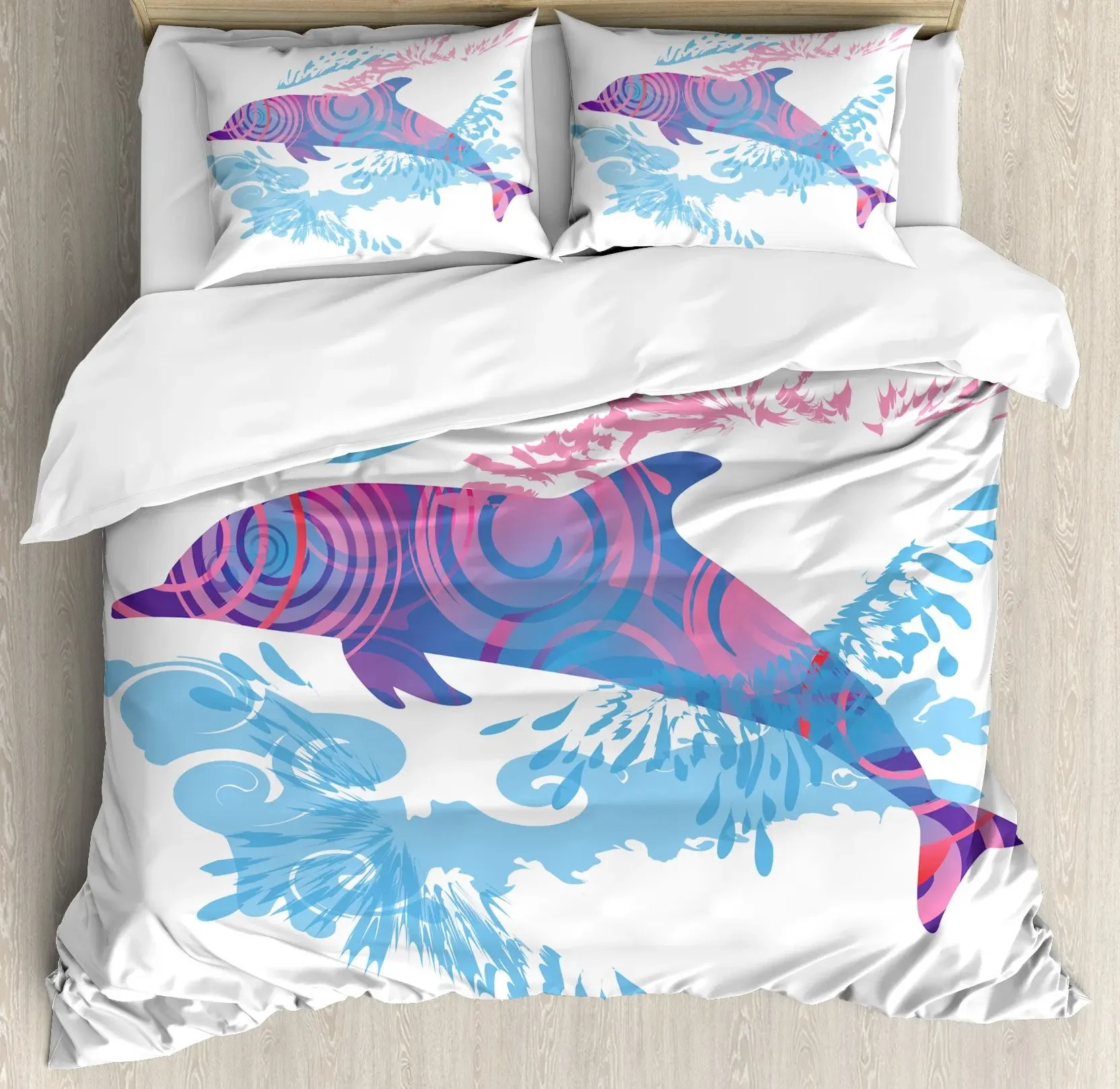 Bedding Set Cute Dolphin Printed Duvet Cover Light Blue Starry Sky Decor Bedding Collection Soft Duvet Cover Room Decor 3Pcs