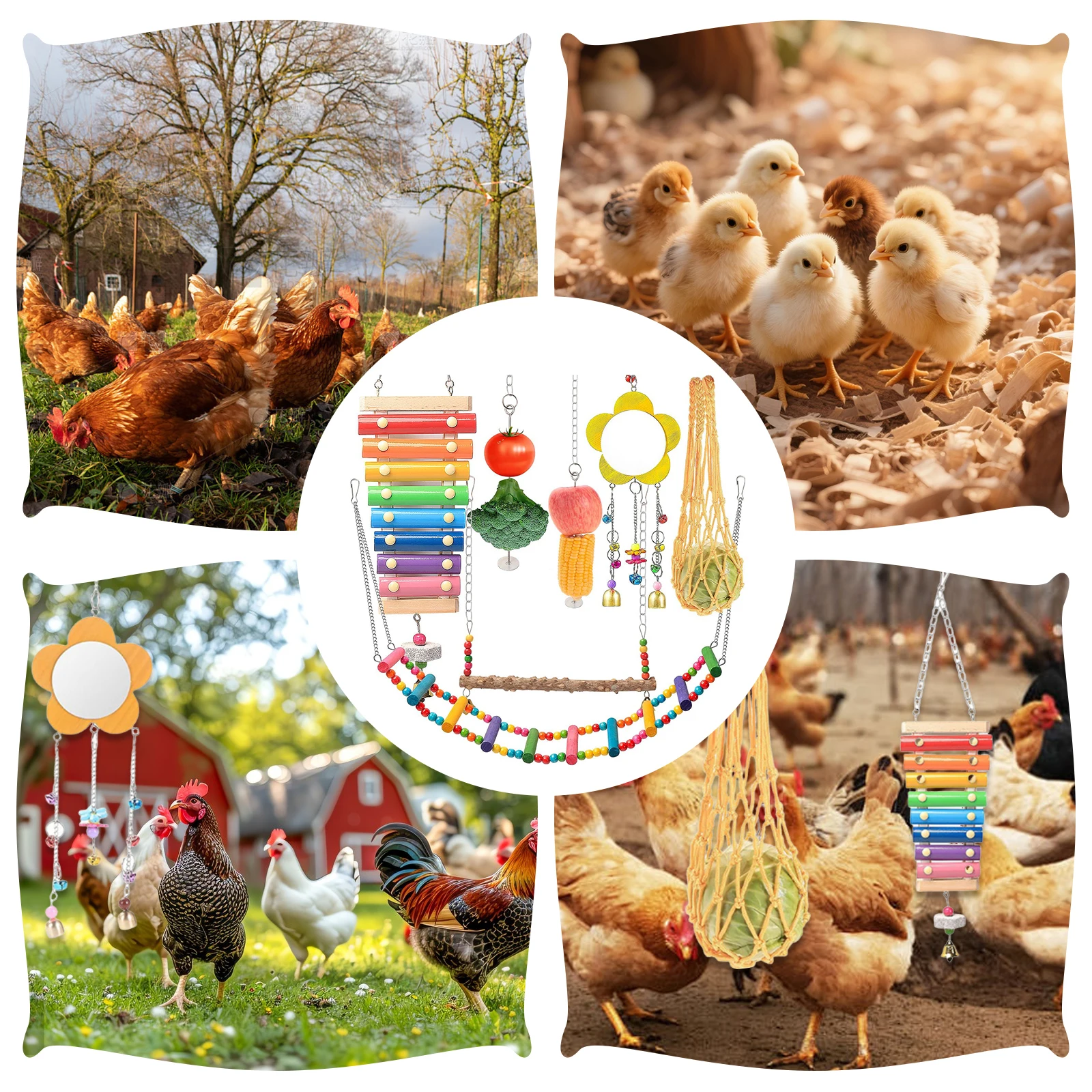 

7PCS Chewing Foraging Toy with Wooden Hanging Feeder Parrot Playing Training Toys for Budgerigar Parakeet Conure Cockatiel Mynah