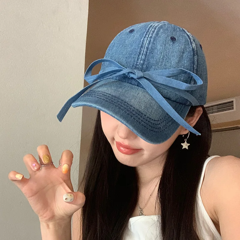 Bow Baseball Cap Women's Spring and Summer All-Match Sweet Cute Peaked Cap Shade Face SlimmingHat