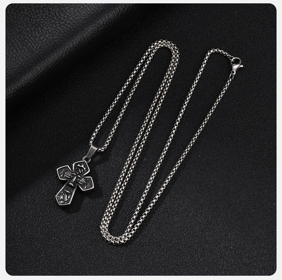 Vnox Jesus-Gesicht-Kreuz-Anhänger-Halskette für Männer, Retro-Religiöse Edelstahl-Box-Ketten-Halsketten, Schmuck, Christliches Geschenk – Detail 6