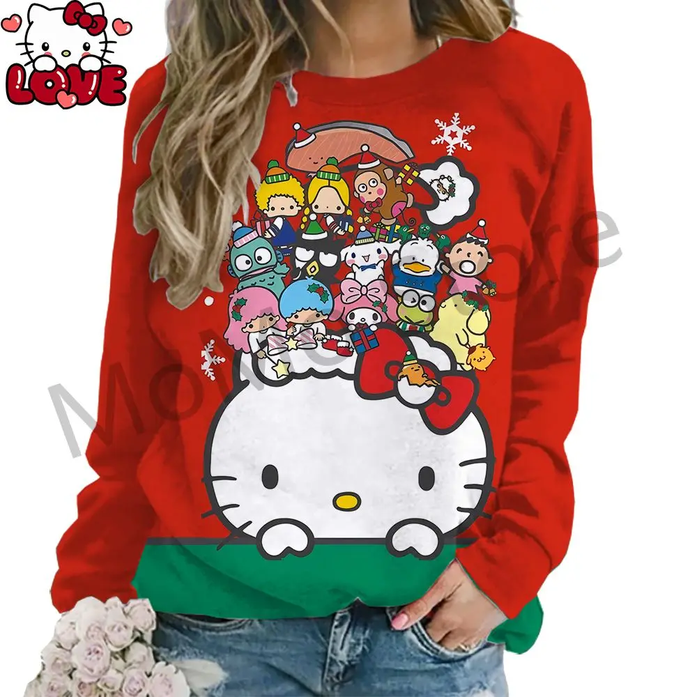 Moletons femininos de manga comprida hello kitty o pescoço lindos pulôveres y2k streetwear 2024 S-3XL novas roupas kawaii de alta qualidade