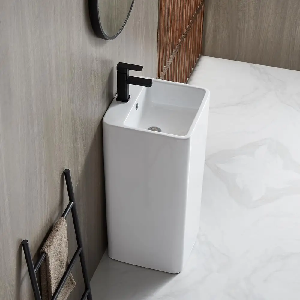 

16 L x 16 W Pedestal Bathroom Sink with Overflow, Square Pedestal Sink in Glossy White China