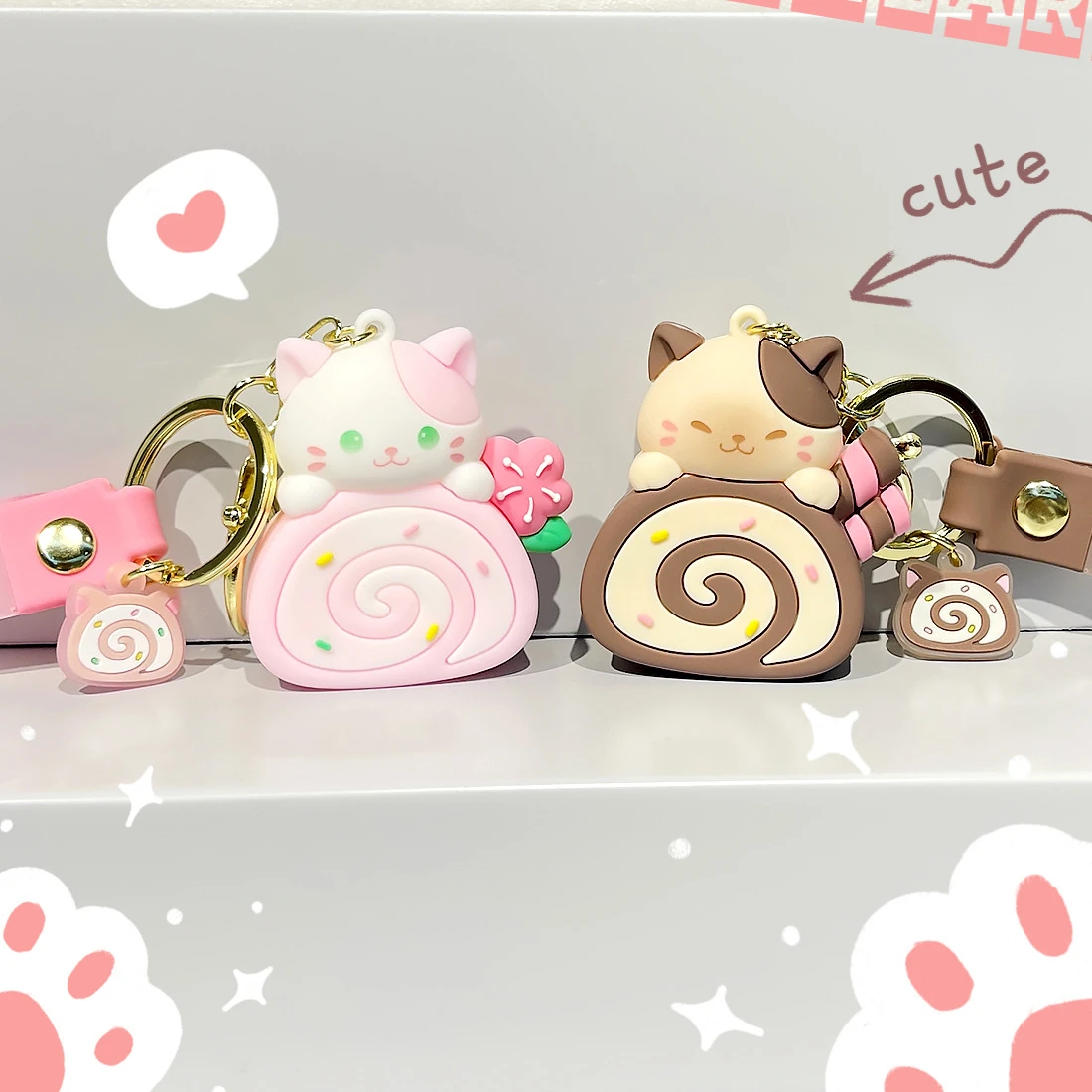 Cute Cat Cake Roll Key Chain Kawaii Kitty Keyring Cat Doll Keyring Schoolbag Pendant Accessories