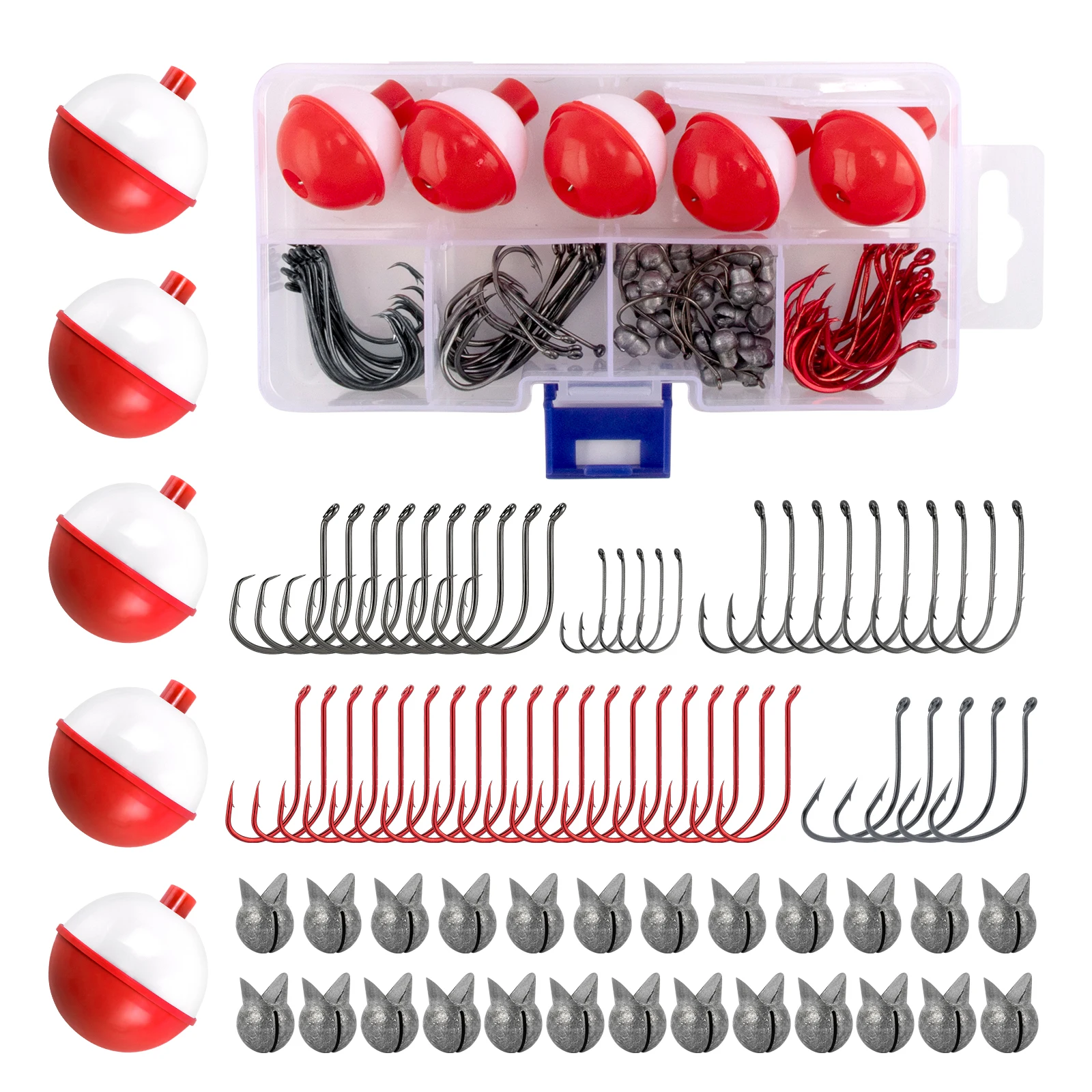 Kit de aparejos de pesca de 80 Uds., anzuelo básico de pesca y surtido de pesas, anzuelo Baitholder, anzuelo de pulpo, corcho de pesca, plomo de tiro dividido