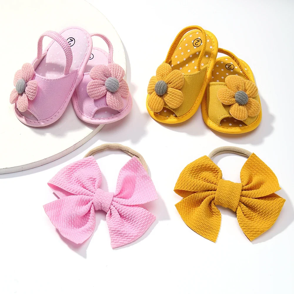 0 ~ 12M Newborn Baby Flower Shoes Sandals Headband Set Kids Bows Anti Slip Toddler Infant First Walker Girls Soft Baby Shoes