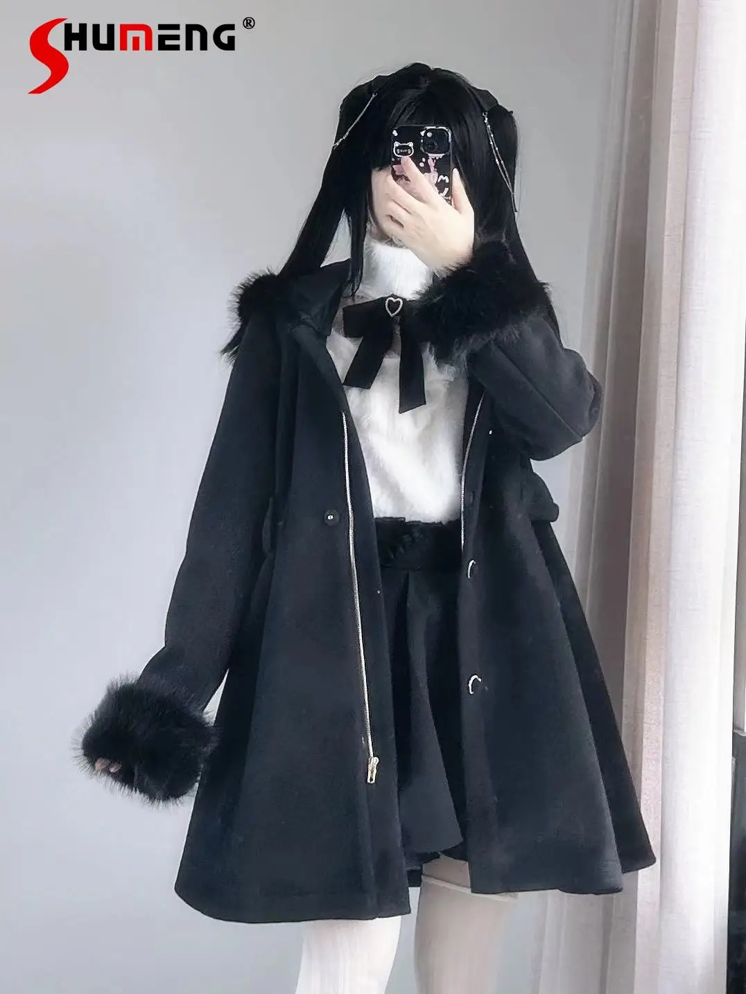 Japanese Cute Black Woolen Coat for Women 2024 Autumn New Mine Mass-Produced Woman Plush Drop-Ear Rabbit Detachable Midi Jacket