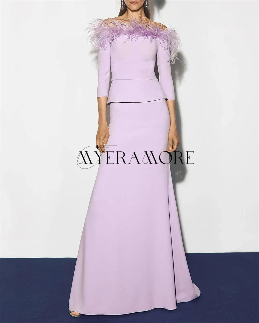 فساتين سهرة أرجوانية رائعة قبالة الكتف 3/4 كم حورية البحر ريشة فساتين حفلة موسيقية مخصصة فساتين السهرة