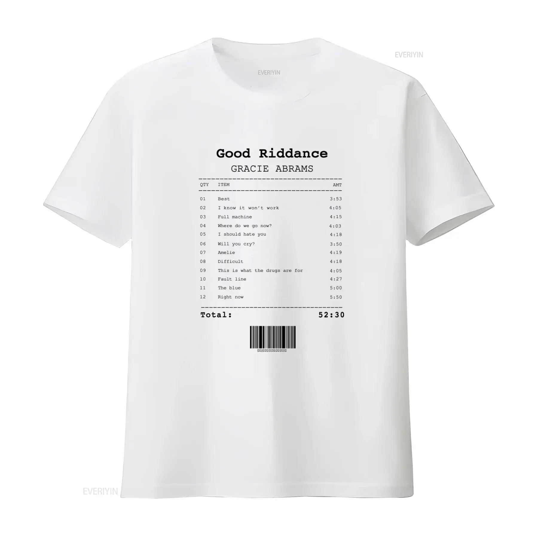 Gracie Abrams Good Riddance Album Receipt Design T Shirt for Music Fans vintage Washed Stretched Unisex Slightly
