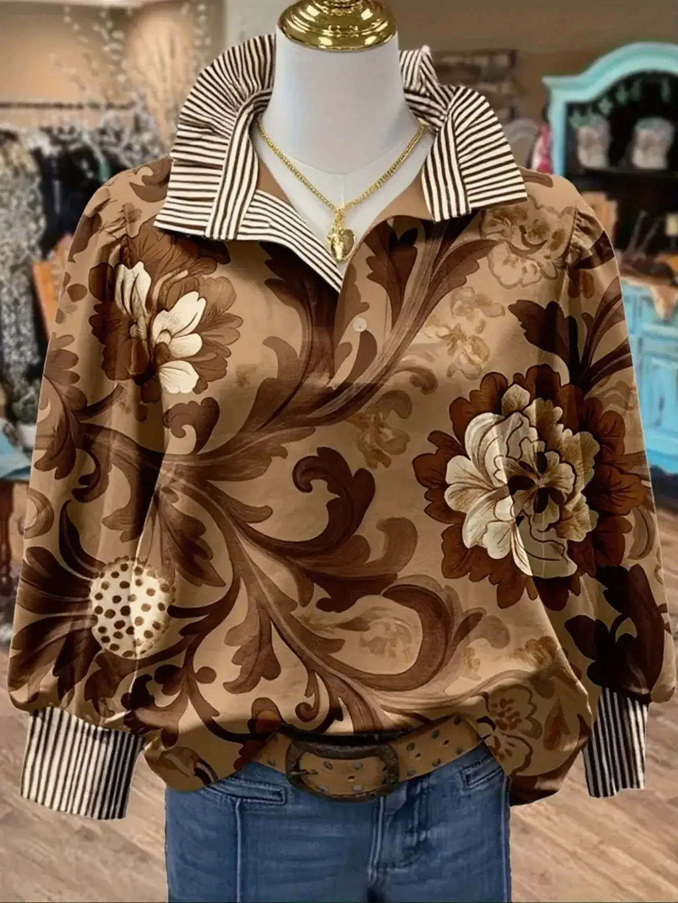 

Women's striped shirt with multi-color striped collar and Brown Rose Pattern