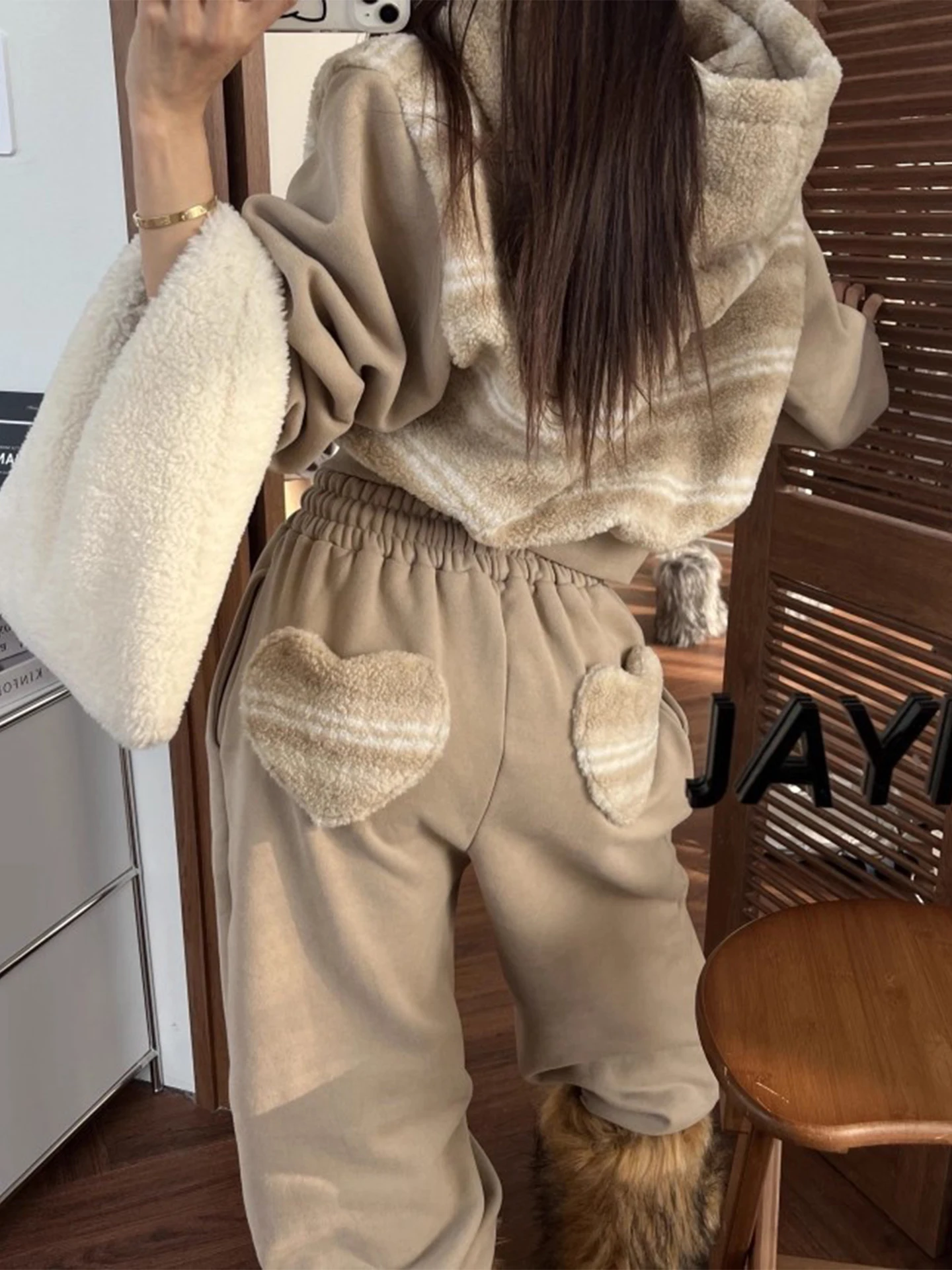 Faionable المرقعة مخطط لامب المخملية البلوز Jaet الشتاء مرونة الخصر عارضة السراويل الطويلة المرأة فرقة مجموعة