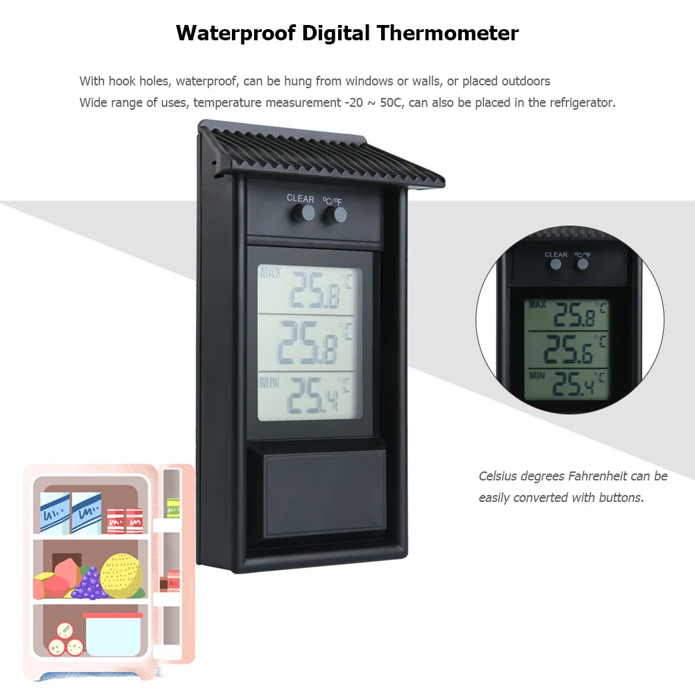 Refrigerator Thermometer Waterproof Thermometer Digital Memory Function for Max Min Environmental Thermometer for Indoor Outdoor