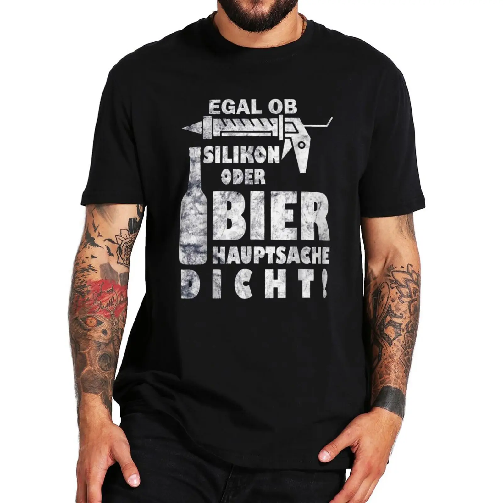 No Matter If Silicone Or Beer Main Thing Tight T Shirt Funny German Texts Drinking Tops EU Size 100% Cotton Soft Unisex T-shirts