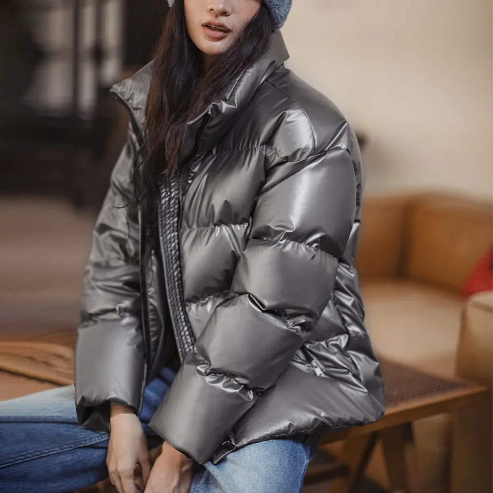 Maden Casual Shiny 90% White Duck Down Jacket Short Stand-up Collar Warm Puffer Jacket for Women Fall and Winter Thickened Coat