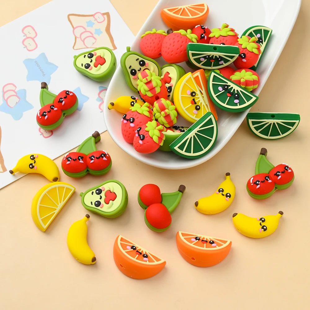 5pcs Fruit Series Silicone Beads Banana Watermelon Orange Strawberry Loose Beads For DIY Pacifiers Clip Keychain Jewelry