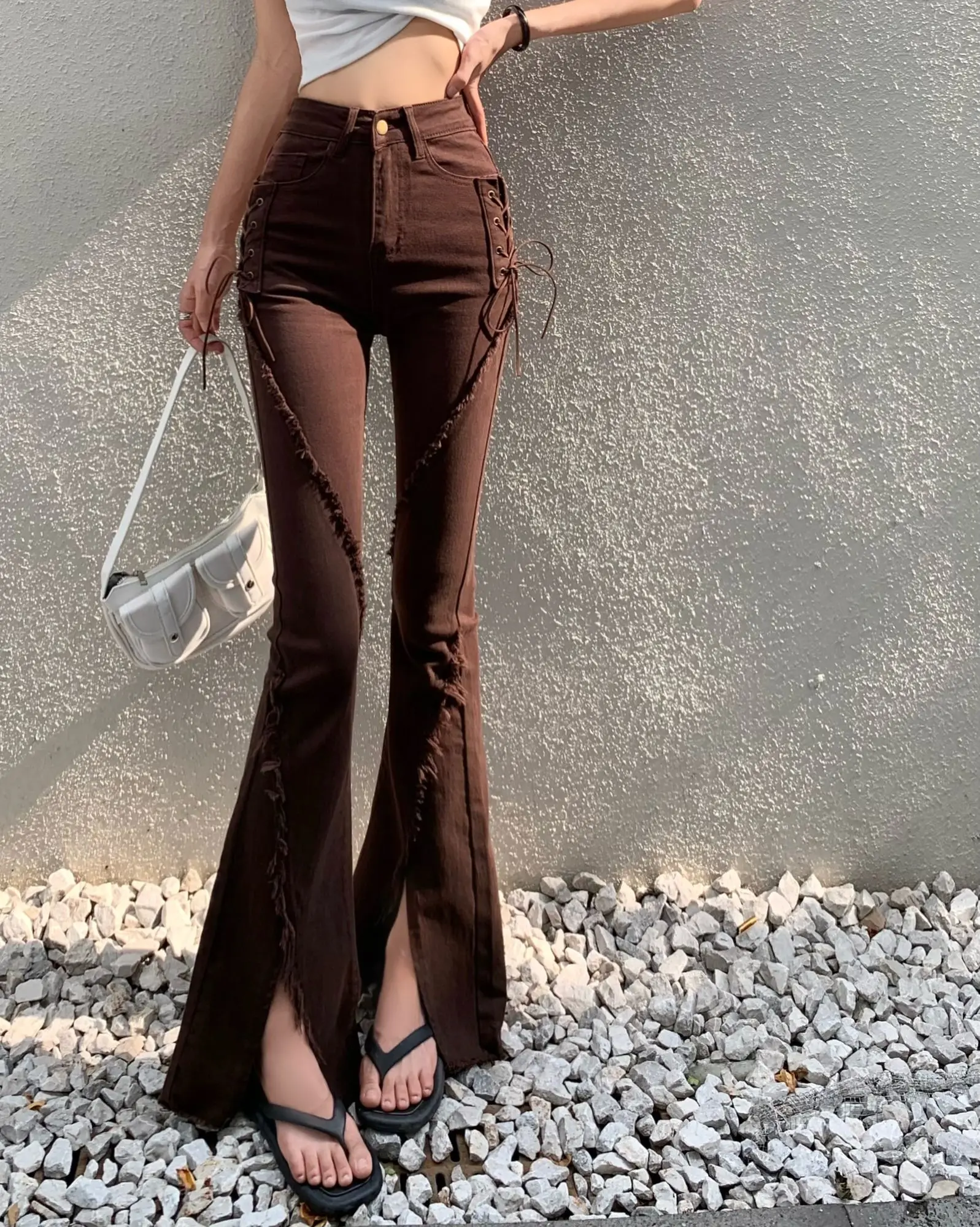 Blue Elastic Split Jeans For Women's Autumn Straight Denim Trousers Oversized Chubby High Waisted Slightly Flared Pants