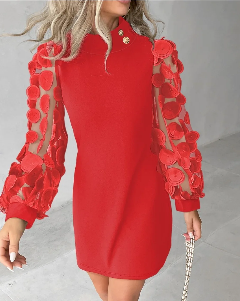 Women'S Black Lace Dress Spring Autumn Fashion Elegant New Lantern Sleeve O-Neck Casual Party Mini Dresses For Ladies