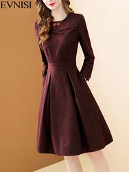 EVNISI Wine Woolen Elegant Dress Women  Autumn Winter Pleated O-neck A-line Long-sleeved Party Dresses Solid Office Vestidos