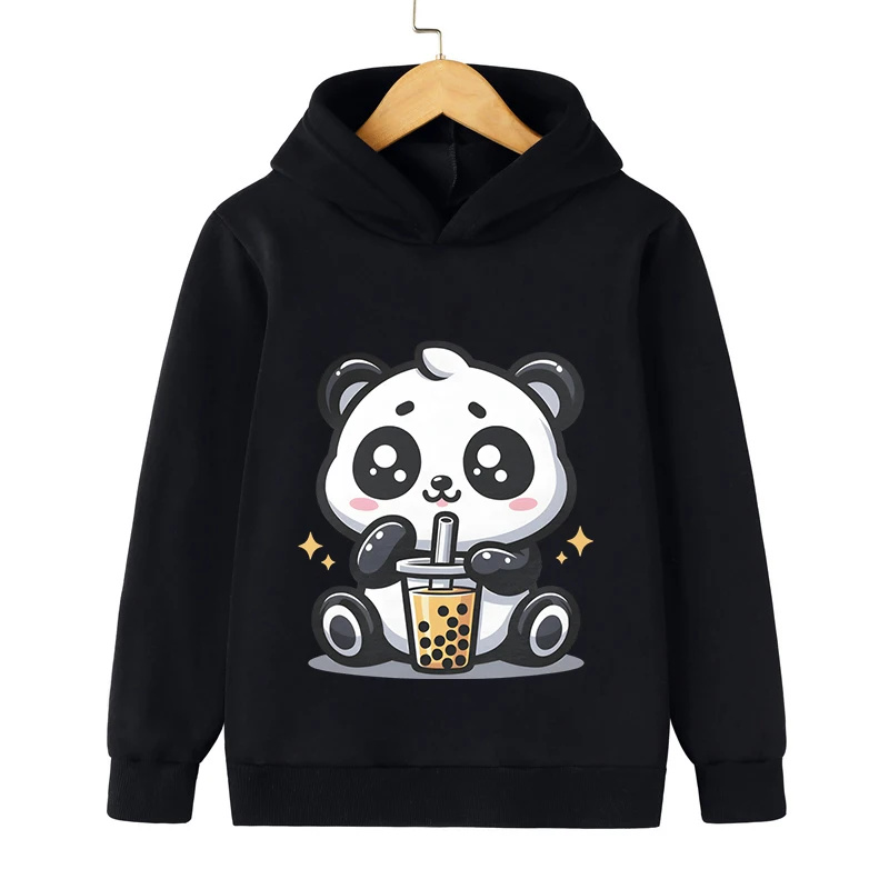 3-12 Years Old Children Panda Bubble Tea Hoodie Kids Cartoon Style Clothing Long Sleeve Cute Animal Bobo Tea Boy Girl Sweatshirt