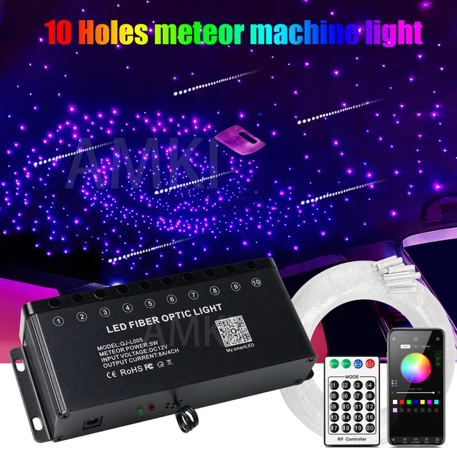 Zestaw światłowodowy LED do samochodu, efekt meteoru, 5W, 10 otworów, imitacja gwieździstego nieba, lampa atmosferyczna LED do samochodu, efekt padającej gwiazdy.