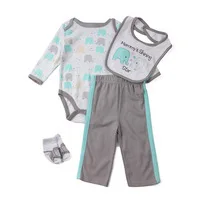 Clearance 4Pcs 9M Elephant All Over Print Long Sleeve Cotton Unisex Baby Bodysuit Stripe Pants Bib Socks Set
