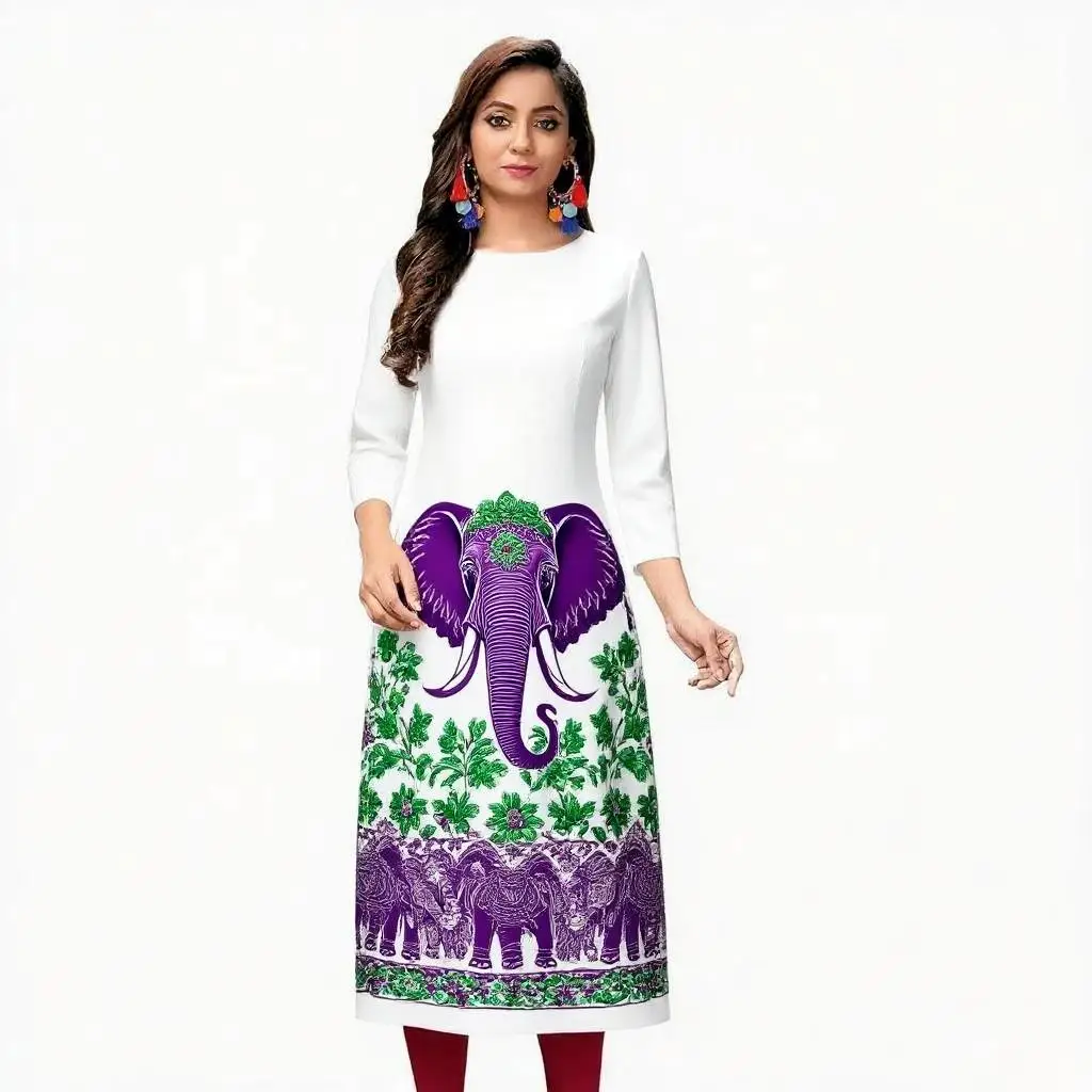 Abito kurt da donna alla moda ed elegante a maniche lunghe a tubo dritto casual girocollo con motivo a elefante colorato