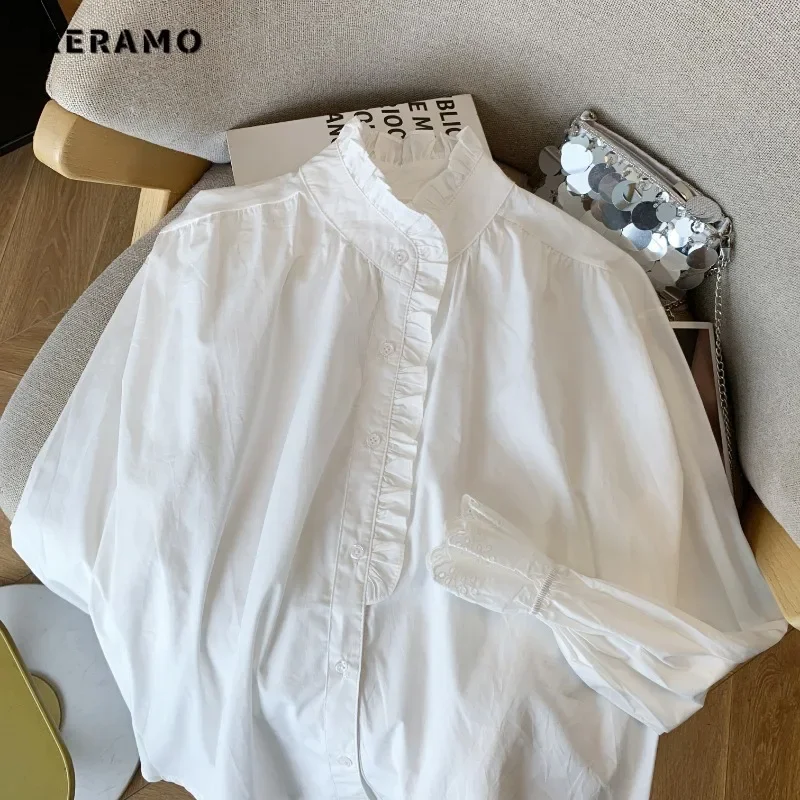 Casual branco elegante manga longa turn-down colarinho cor sólida camisas largas 2025 primavera feminino fino escritório senhora básico blusa