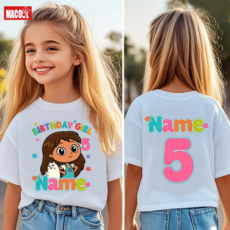Custom Name Birthday Girl Shirt Cartoon Tshirt Personalized Kids Birthday Party Photography Outfit Girls 5th 6th 7th 4 5 7 Years
