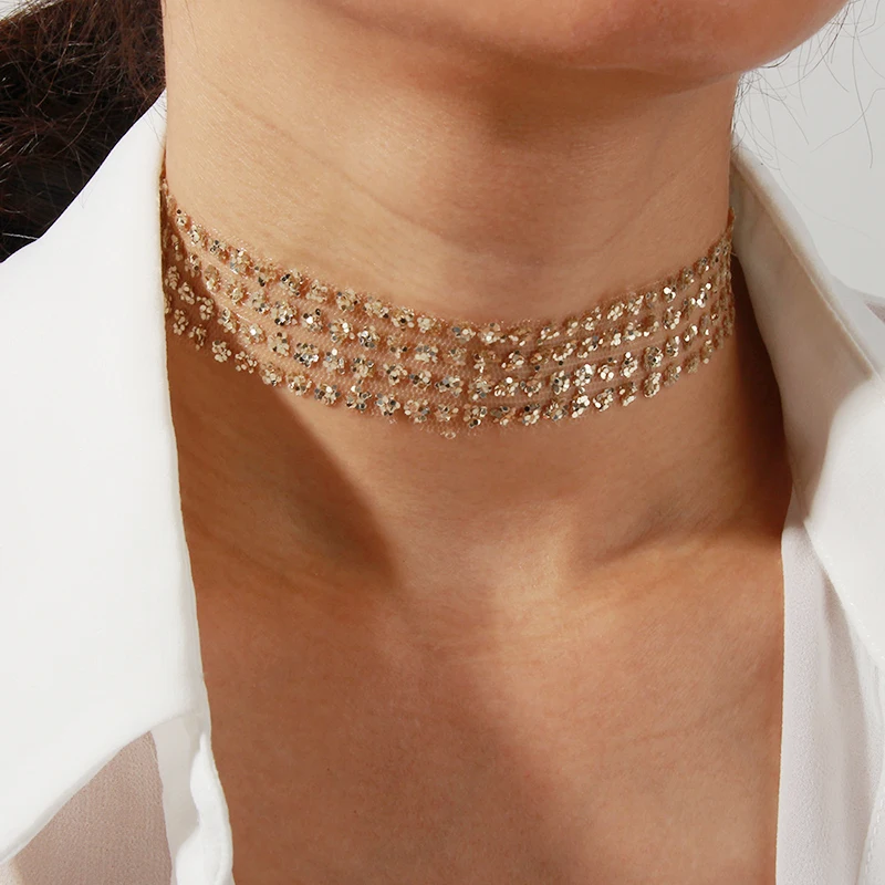 Shiny Sequin Mesh Yarn Choker Women's Sexy Short Necklace For Party and Daily Fashion Jewelry Clavicle Chain