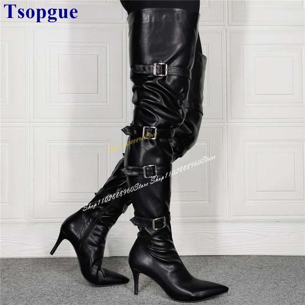 

Thigh High Black Buckle Strap Decor Stylish Boots Thin High Heel Women Shoes Side Zipper Pointed Toe 2024 Zapatos Para Mujere