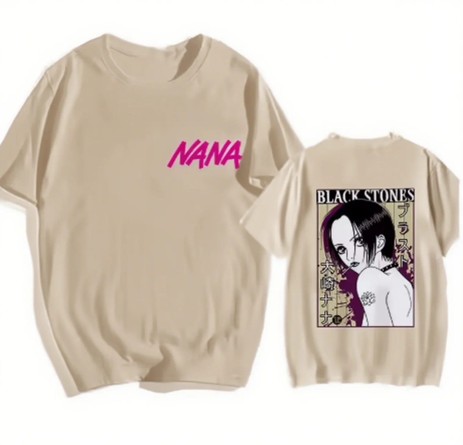 

Cotton NANA Tee Front NANA Logo Back Black Stones Graphic Ideal for Anime Fans Brand Streetwear Print New Arrival Tee S-4XL