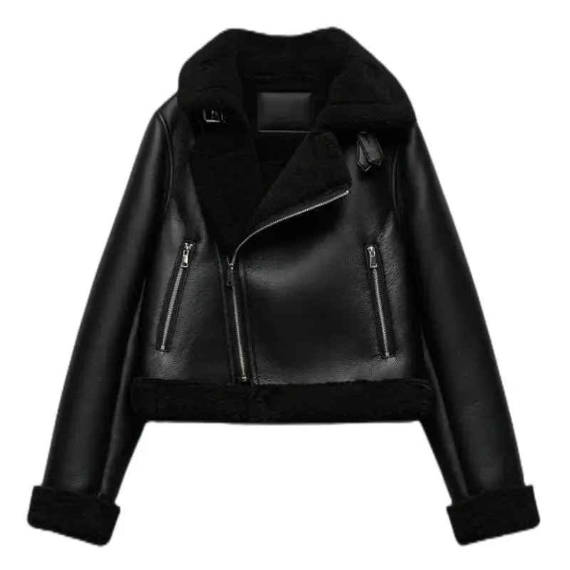 Women\'s Retro Biker Wind Jacket Thickened Warm Fashion Zipper Jacket Black Solid Color Street Fashion Women\'s Jacket