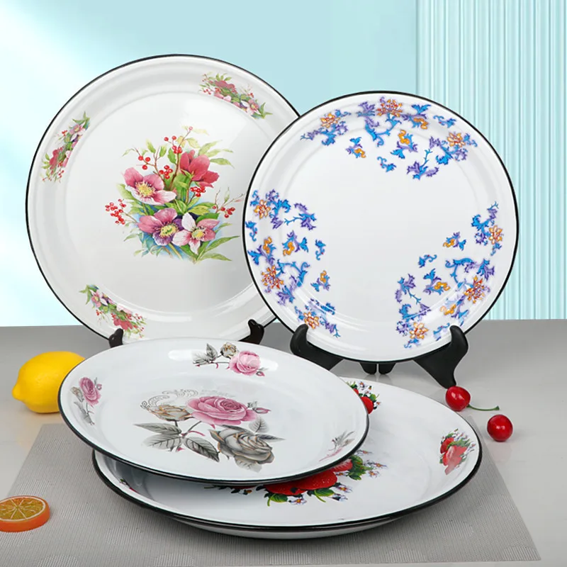 

40cm Thickened Enamel Tea Plates Saute Spicy Chicken Iron Porcelain Plates Soup Plate Fish Plates Fruit Flower Bowls Salad Bowl