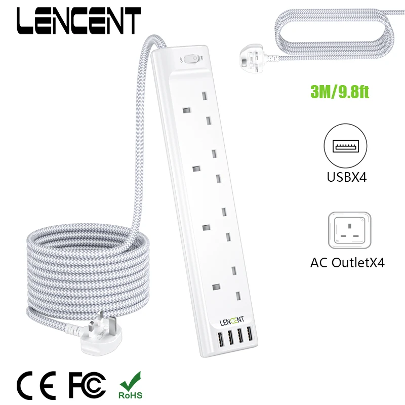 LENCENT 3M Extension Lead with 4 AC Outlets 4 USB Multi Power Strip Extension with 3M Braided Extension Cord for Home Office