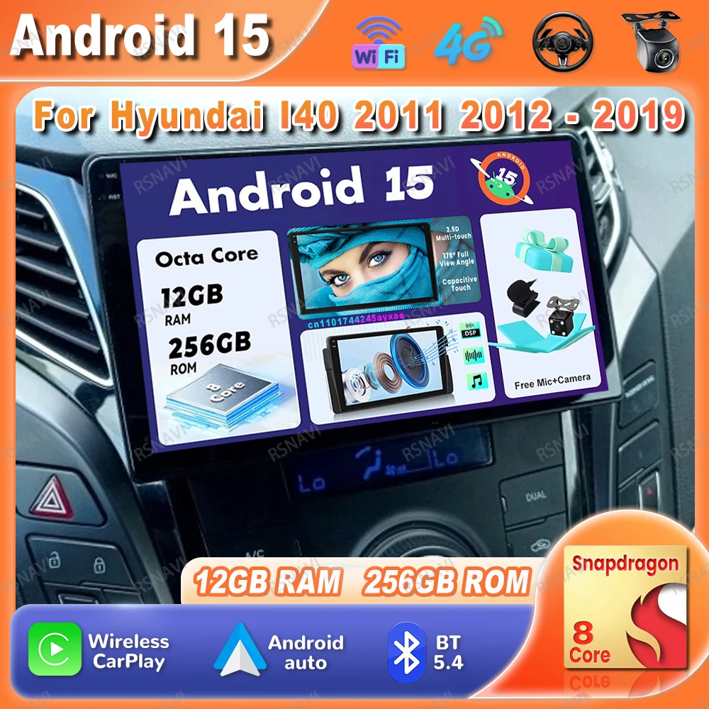 راديو السيارة أندرويد 15 لشركة هيونداي I40 2011 2012 2013 2014 - 2018 2019 Carplay QLED رئيس وحدة 9/10 بوصة RDS 8 Core Qualcomm DVD BT