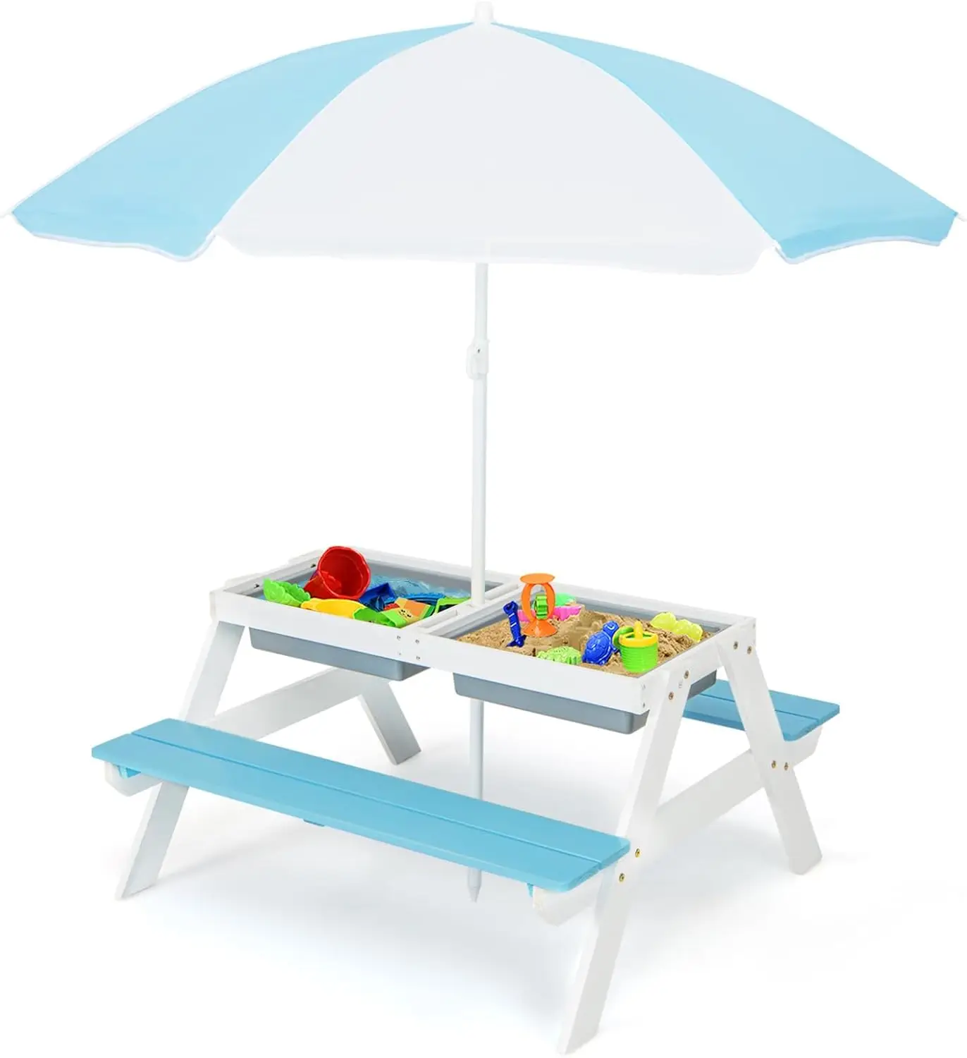 Kids Picnic Table with Sensory Bins, 4 in 1 Sand and Water Table with Height Adjustable Umbrella, Removable Tabletop for Outdoor