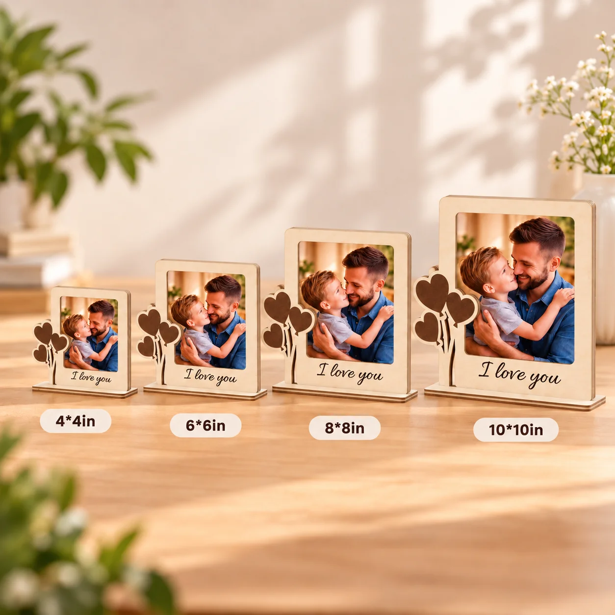 1PC Personalized Wooden Photo Frame Custom Picture Text Heart Balloon Desktop Standee Family Birthday Father's Day Anniversary