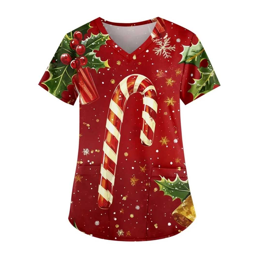 여성용 슬림 플로럴 프린트 탑스 브이넥 여성 수의사 유니폼 반팔 더블 포켓 스트레치 브이넥 스크럽 유니폼